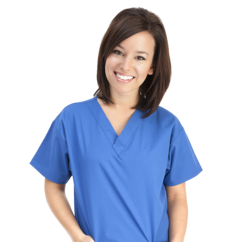 A nurse smiling in a blue shirt